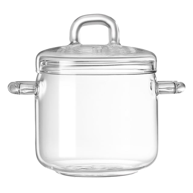 Cacerola de vidrio transparente de 350 ml con tapa, ideal para guisos, sopas y pasta. Resistente al calor y apta para cocinas pequeñas y exteriores.
