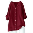 thumbnail image 4 of Huesdet Cotton Linen Shirts for Women 2024 Buttons V Neck Long Sleeve Tops Trendy Dressy Blouses Casual Loose Comfy Tunic Clothes(Red,S), 4 of 4