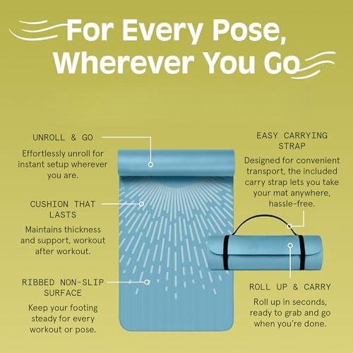 Solana Yoga Mat 1" Thick w/Nylon Strap for Men & Women - Non Slip Exercise Mat for Home Yoga, Pilates, Stretching, Floor & Fitness Workouts Blue Mist,1 inch