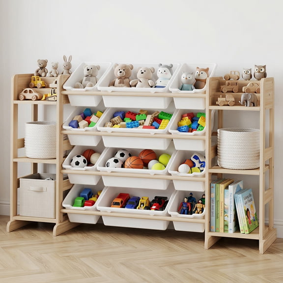 52.3" Wide Kids Toy Storage Organizer with 12 Bins & 6 Shelves, Wood Bookshelf Cabinet, Storage Unit for Playroom Bedroom Living Room