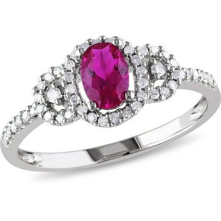 3/4 Carat T.G.W. Created Ruby and 1/6 Carat T.W. Diamond 10kt White Gold Halo Cluster Ring