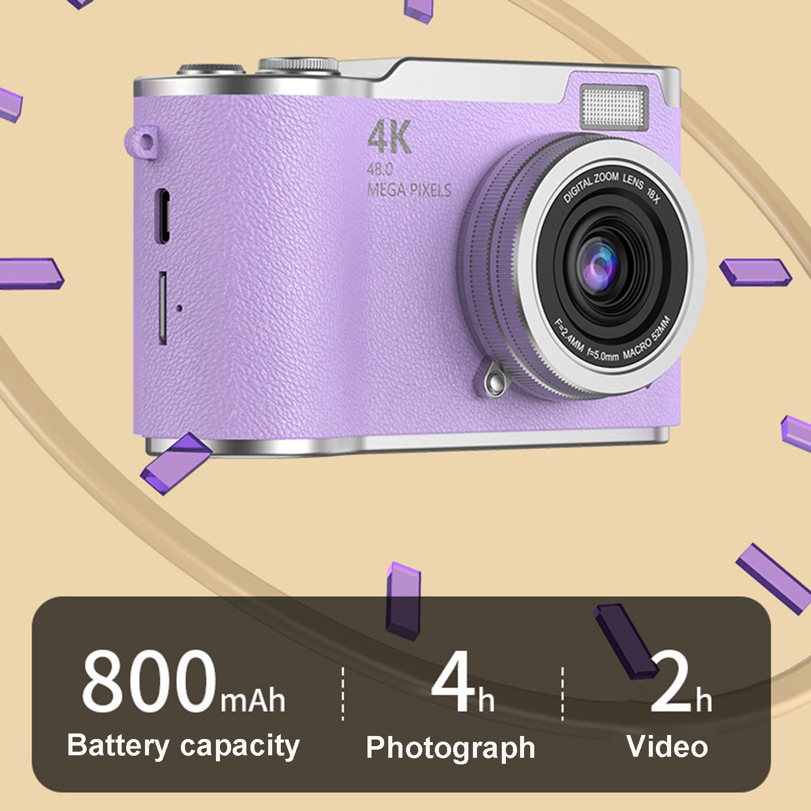 Digital Camera, Gaqring 2.4 Inch Flip Screen Autofocus 1080P HD Selfie Beauty Camera, 8X Digital Zoom 48MP CMOS Sensor Night Vision Flash Portable Teen Camera, Purple