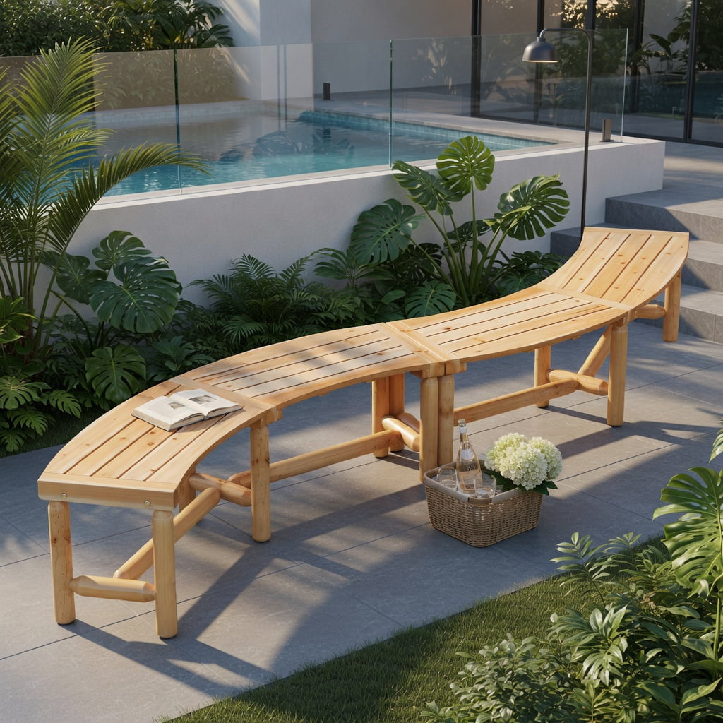 Hommoo Outdoor Curved Wooden Patio Bench, Solid Pine and Fir Fire Pit Loveseat for Backyard, Garden, Poolside, Natural