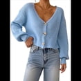thumbnail image 2 of Suéter Tipo Cárdigan Corto de Punto Acanalado con Cuello en V y Larga para Mujer Azul L, 2 of 10