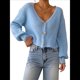 thumbnail image 2 of Suéter Tipo Cárdigan Corto de Punto Acanalado con Cuello en V y Larga para Mujer Azul L, 2 of 10