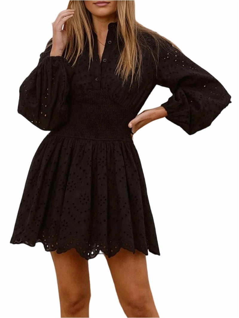 a line v neck hollow mini cocktail dress Women'S Spring Long Puff Sleeve Out Lace Ruffle Casual Party Dresses White XL SB-Paradisa
