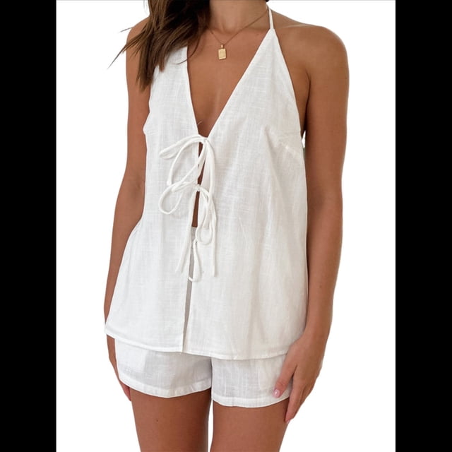 Conjunto de para Mujer: Traje de 2 Piezas, Top de con Lazo Frontal, Chaleco de , Camiseta Sin Mangas Y2K con Espalda Descubierta. M