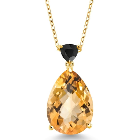 Gem Stone King 11.16 Ct Pear Shape Checkerboard Yellow Citrine Black Onyx 18K Yellow Gold Plated Silver Pendant with Chain