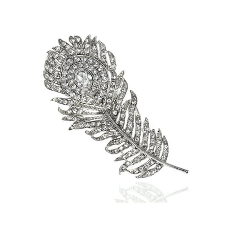 - Silver Tone Fiery Phoenix Peacock Bird Ice Crystal Rhinestone Feather Pin Brooch