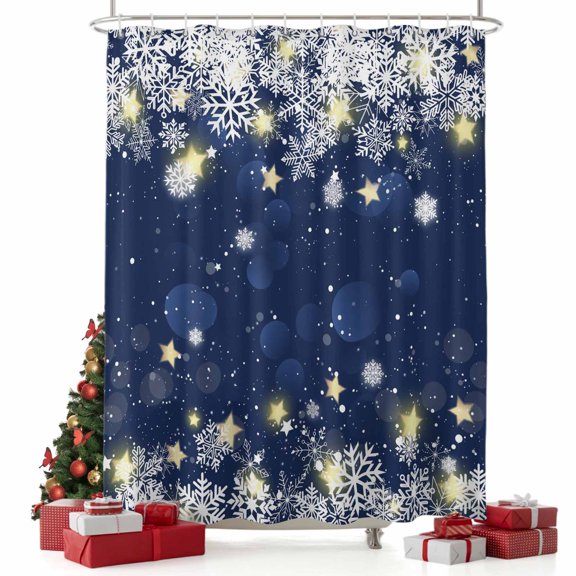 nqOlkjepod Navy Blue Snowflake Christmas Shower Curtain, Waterproof Shower Curtains for Bathroom, Winter Yellow Xmas Star Snowflake Washable Bathtub Curtain Set Bath Decor with 12 Hooks 72"x78"