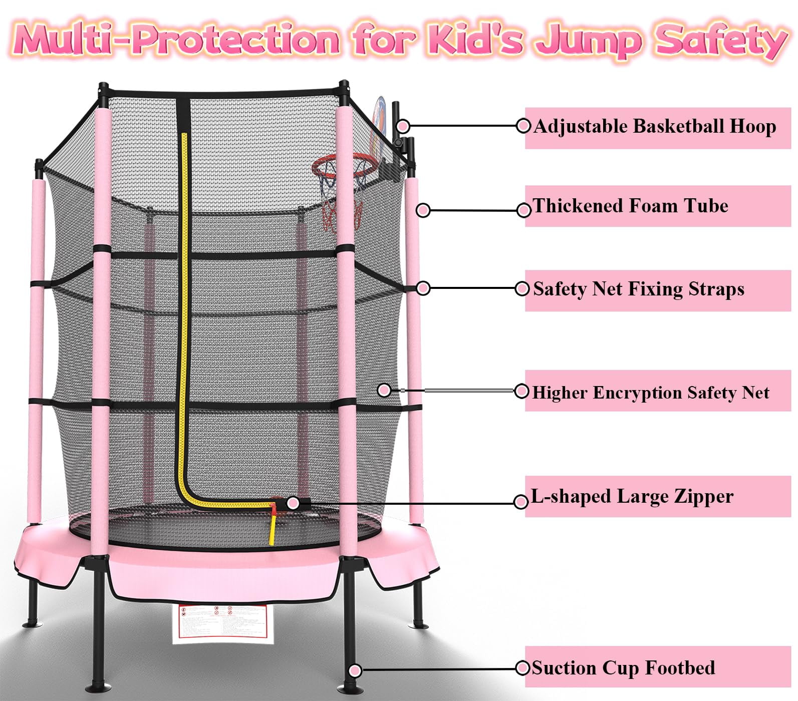 LANGXUN 60" Pink Trampoline for Kids with Basketball Hoop, 5ft Indoor Outdoor Toddler Mini Trampoline with Raised Safety Net - Birthday Gifts for Boys and Girls, Christmas Toys for 3-10 Years Old