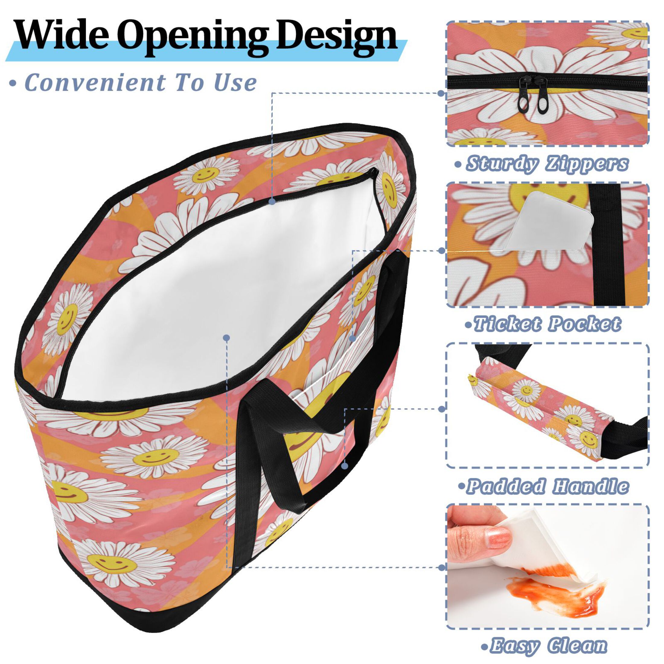 Extra-Large Wide Opening Design Capacity Hand-Held Ice Pack Thickened Insulation Layer For Long-Lasting Cold Retention For Outdoor Shopping Picnics And Camping Smiley Face on Orange Background