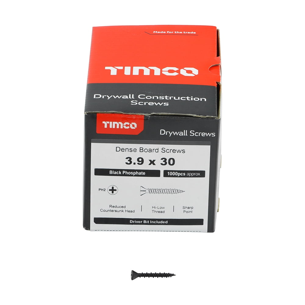 Timco - Drywall Dense Board Screws - PH - Reduced Countersunk - High-Low Thread - Black (Size 3.9 x 30 - 1000 Pieces)