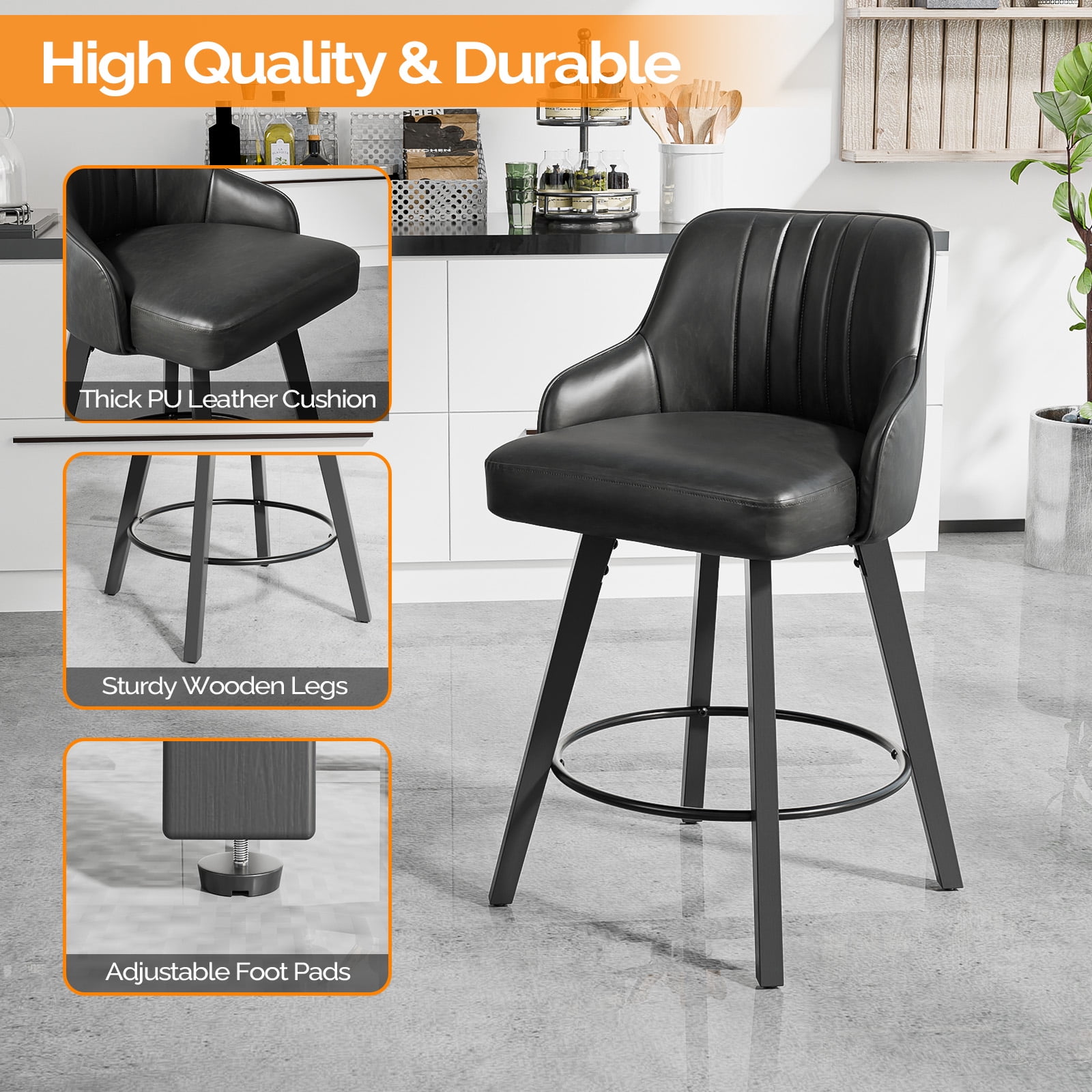 Ktaxon Swivel Bar Stools, 35" Counter Height Adjustable Bar Stools for Kitchen Island, Modern Black, 1 PCS