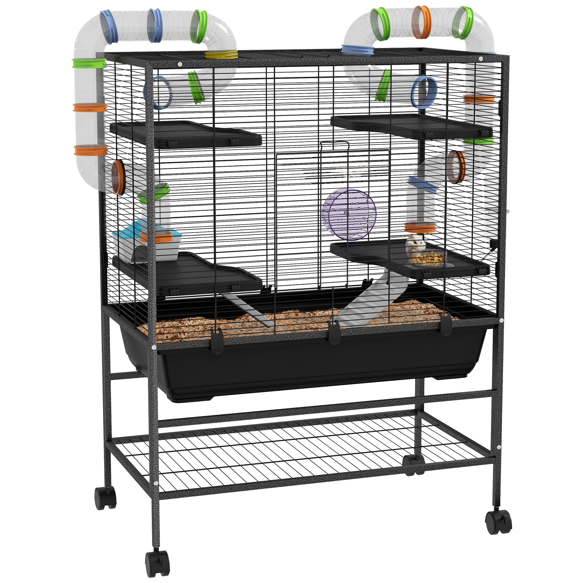 PawHut Large Hamster Cage Rat Cage on Wheels w/ Storage Shelf, Tubes