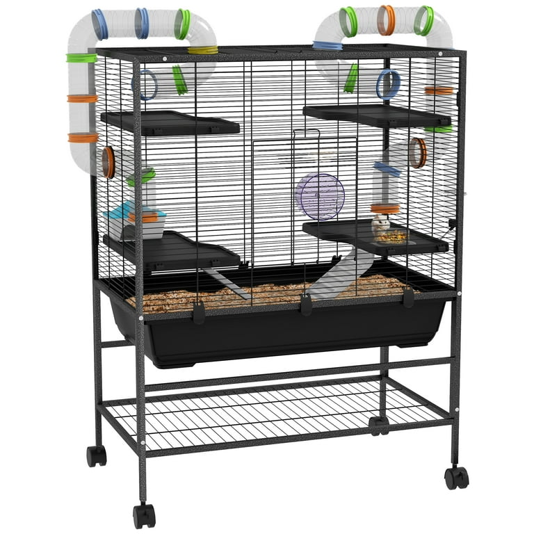 PawHut Large Hamster Cage Rat Cage on Wheels w Storage Shelf Tubes