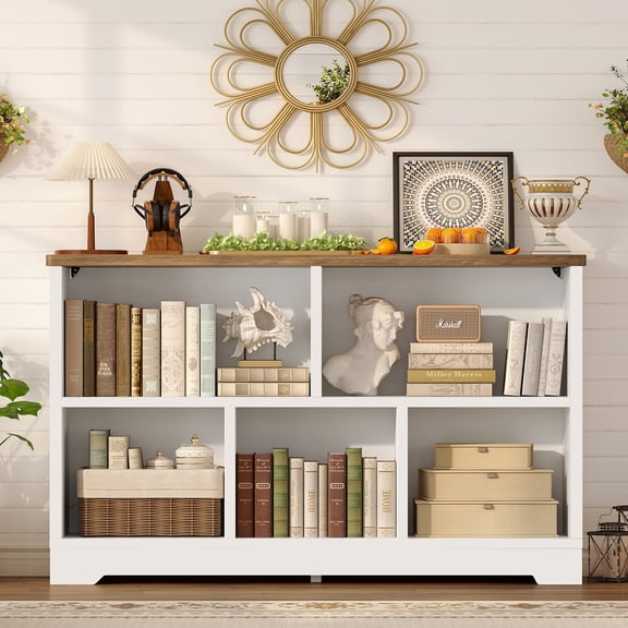 TEENFON 5 Cube Bookshelf, 2 Tier Low Storage Organizer Book Shelf, Freestanding Open Bookcase for Home Office, Living Room and Bedroom, White & Natural