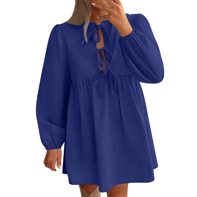 cfhntfmh Robes d'Automne pour Femmes 2024 Manches Longues Bouffantes Col Ras du Cou Robe Mini à Cordon Fluide Plissée Robe Tunique Badydoll
