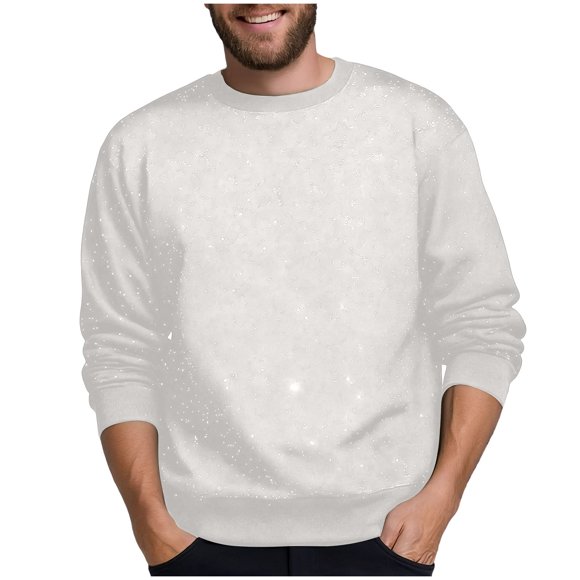 Xfvqtps Men Solid Color Long Sleeved Round Neck Sequined Pullover Hoodie White
