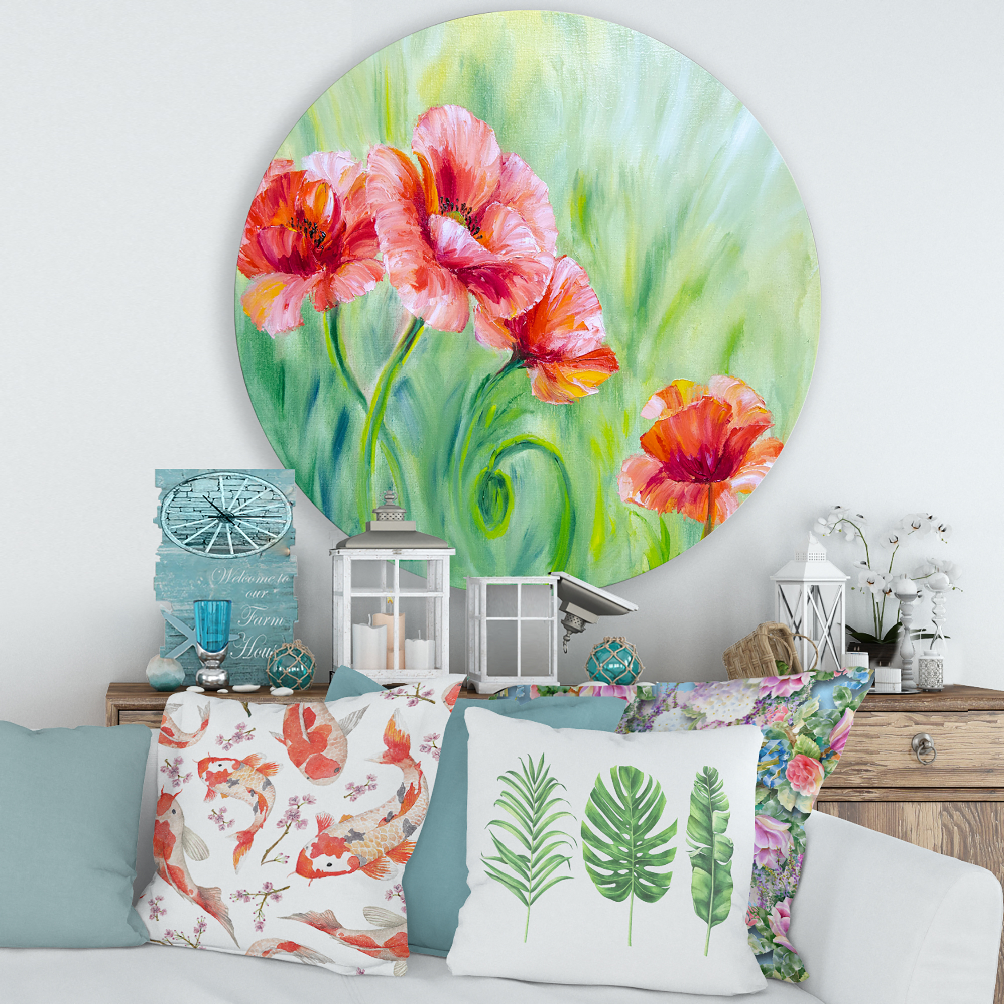Designart 'Red Blossoming Poppies Over Wild Green II' Traditional Circle Metal Wall Art 36x36 - Disc of 36