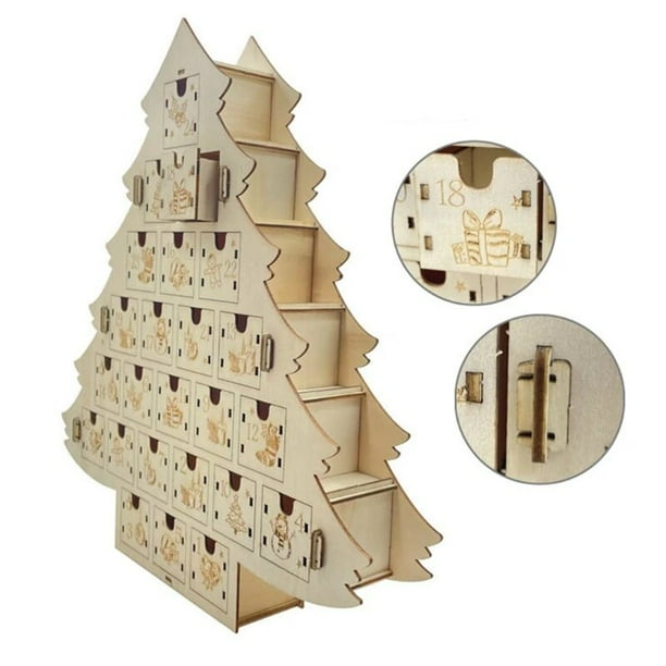 Cajonera de madera de calendario con forma de árbol de Navidad duradera, caja de almacenamiento para decoraciones, regalo, fiesta, vacaciones, hogar, oficina