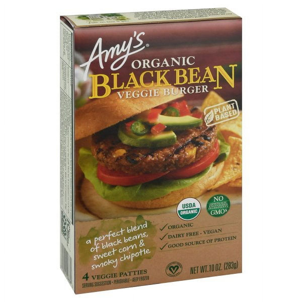 (2 pack) Amys Organic Black Bean Veggie Burgers, 10oz, 4 Count, NON GMO, Frozen, Paperboard Box