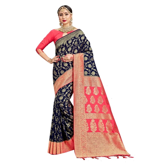 Sarees for Women Banarasi Kanjivaram Art Silk Woven Saree - Indian Ethnic Wedding Gift Sari with Unstitched Blouse Navy Blue