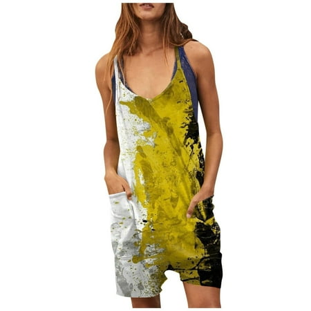 

CQCYD Jumpsuits for Women Dressy Sleeveless Jumpsuits Printed Loose Casual Jumpsuits Casual Summer Overalls Cotton Linen Shorts Rompers Jumpsuits Wide Pocket Leisure Jumpsuits Yellow XXL #3