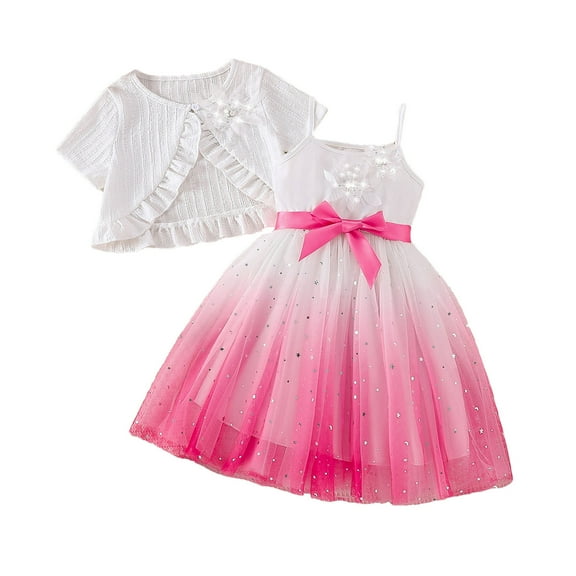 Taqqpue Girl's Clothes Sets 2 Piece Kids Summer Short Sleeve Ruffle Hem Top and Bow Sleeveless Flowy A Line Dresses Outfits (3-8 Years)