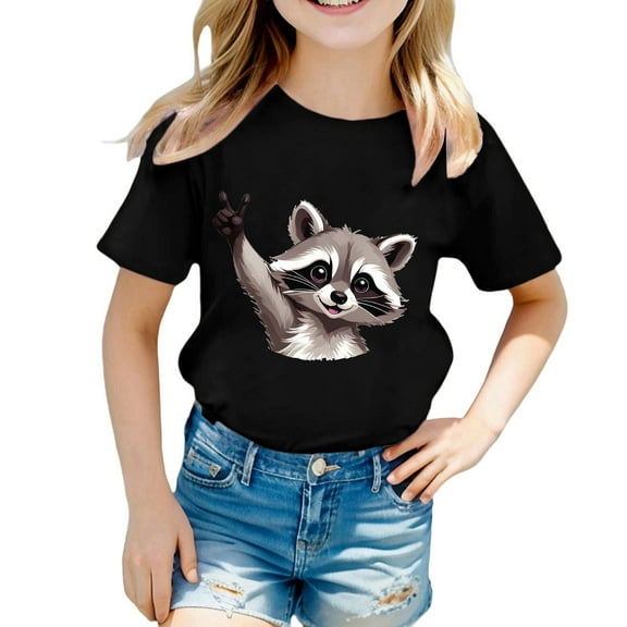 Curuila Kids Girls T Shirt Short Sleeve Casual Loose Fit Animal Print Crew Neck Summer Tops Black Size 3-4 Years