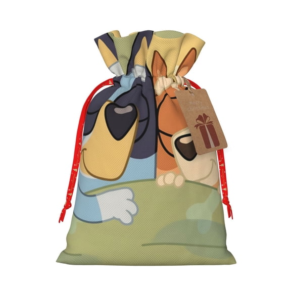 Zofaai Bluey Pattern Christmas Gift Bag, Drawstring Storage Bag with Hanging Card, Suitable for Festivals, Birthdays, Parties-Small