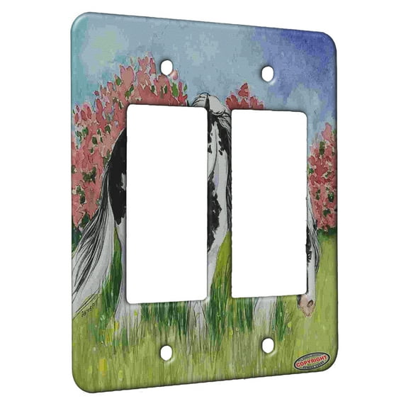 KuzmarK™ 2 Gang Rocker Wall Plate - Piebald Gypsy Cobs in Spring Horse Art by Denise Every