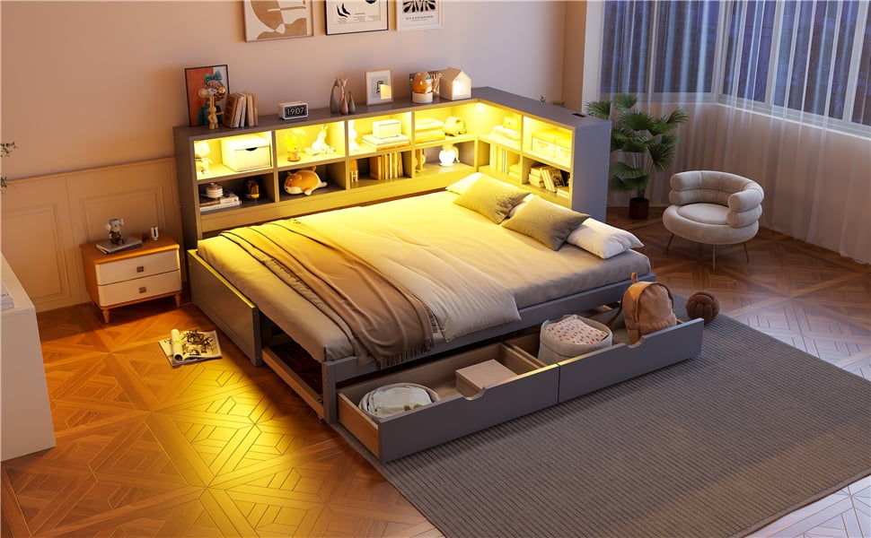 Mintazer Twin XL to King Daybed with 2 Storage Drawers & LED Lights, Platform Bed Frame with Charging Station, Gray