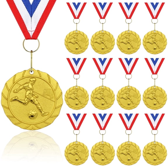 12-Pack Gold Football Medals for Kids & Adults - Champion Awards with Tricolour Ribbons for Winners, Matches, and Events