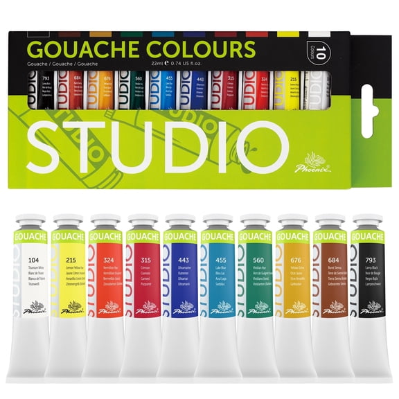 PHOENIX Gouache Paint Tubes - 10x22ml / 0.74 fl oz Non-Toxic Gouache Painting Supplies Art Paints Set for Adults, Beginners, Students