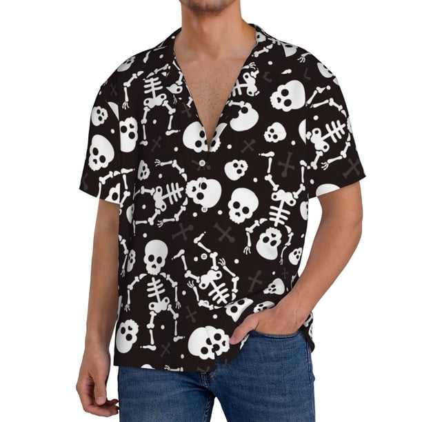 Fotbe Skeleton Camisa Estampada de Manga Corta para Hombre, Casual de Verano, Estilo Playero, Sin Arrugas-Medium