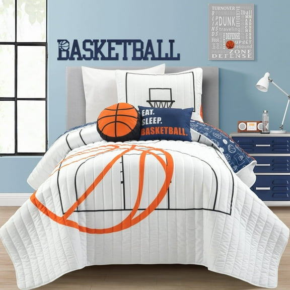 Lush D?cor Basketball Game Reversible Oversized Quilt White/Navy 4Pc Set Twin