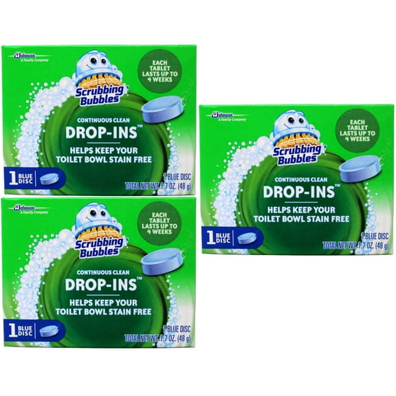 Scrubbing Bubbles Continuous Clean Drop-Ins - One Toilet Bowl Cleaner Tablet Lasts Up to 4 Weeks, 1 Blue Disc, 1.7 oz, Pack of 3