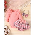 thumbnail image 2 of Cenuakty Baby Girls Shorts Set, Long Sleeve Crew Neck Romper Plaid Shorts Bow Headband Fall Outfit Clothing Set, 2 of 9
