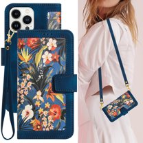Cowithday iPhone 15 Pro Case, PU Leather Magnetic Closure RFID Blocking Card Slots Kickstand Shockproof Flip Wallet Handbag Flowers Case Cover with Wrist Strap Shoulder Strap for Women & Girl,Darkblue