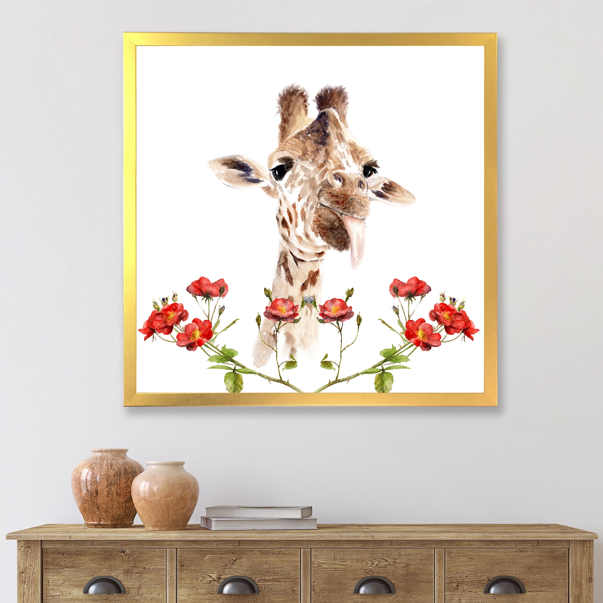 Designart 'Portrait of A Giraffe With Red Flowers I' Farmhouse Framed Art Print