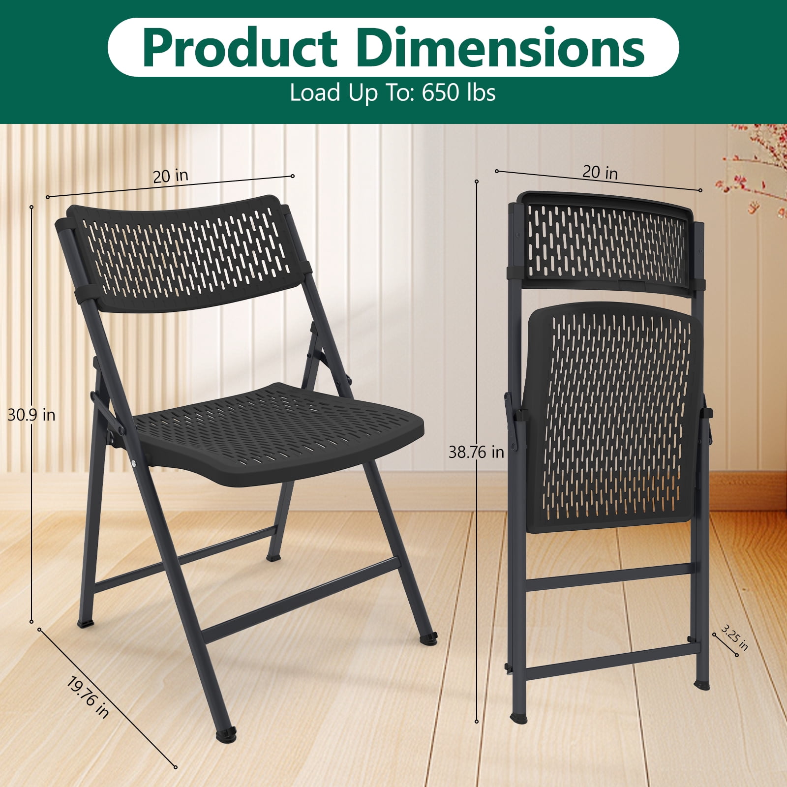 WLLJOY 4 Pack Folding Chair, 350 Lb Weight Capacity, Fold chair with Breathable Seat Indoor/Outdoor Foldable Chairs for Picnic, Weddings Black