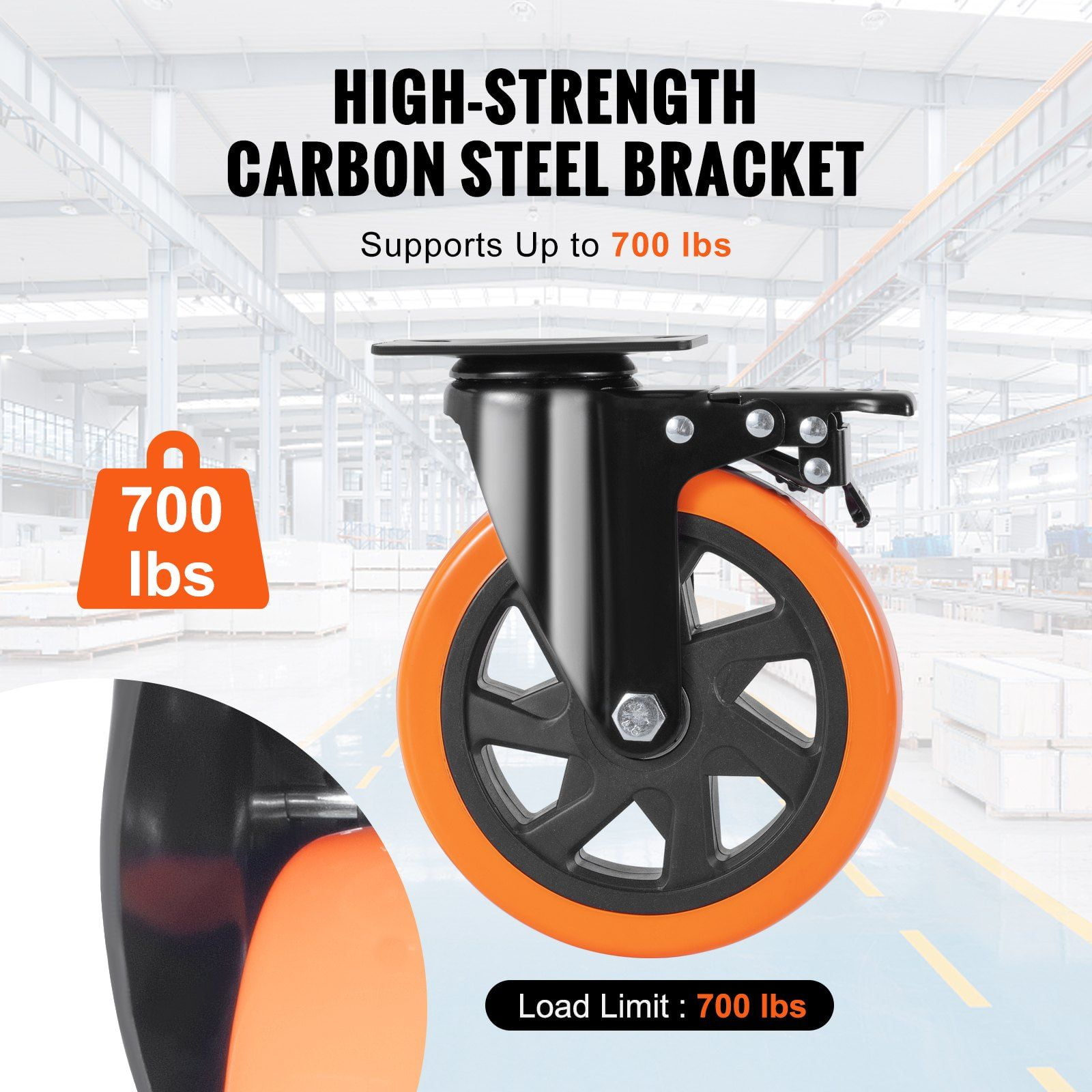 Non-Marking 6" Swivel Plate Casters - 4-Pack with Security Lock, 700lbs Capacity, PVC Wheels for Furniture/Cart