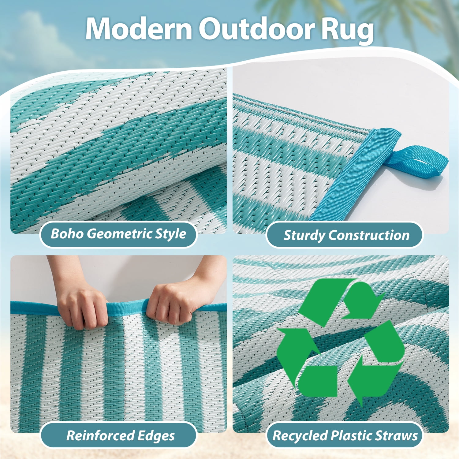 VUNATE Outdoor Rug Carpet 8'x10' Waterproof Reversible Patio Rug Portable Boho Indoor Outdoor Rug Plastic Straw Rug for Beach RV Camping Garden Picnic Deck Backyard Modern Porch Decor Teal and White