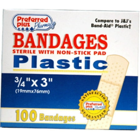 Bandages Plastic Adhesive, Sterile w/ Non-Stick Pads, 3/4 Inch x 3 Inches 100 ea