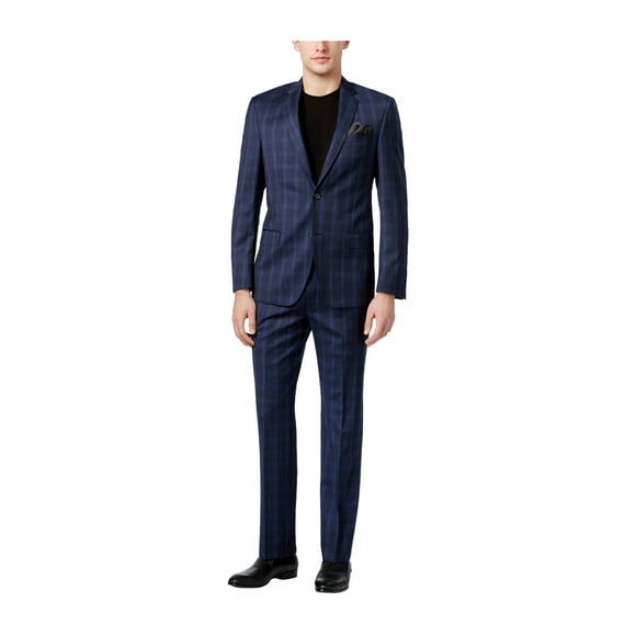 DKNY Mens Slim-Fit Tonal Plaid Two Button Formal Suit blue 44x37
