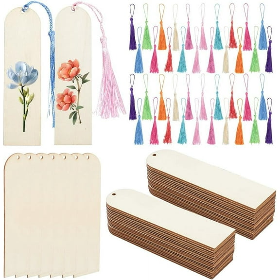 DIY Bookmarks Making Kits Including Unfinished Wood Big Pendants Polyester Tassel Decorations Arch 120x31x1.5mm Hole: 3mm