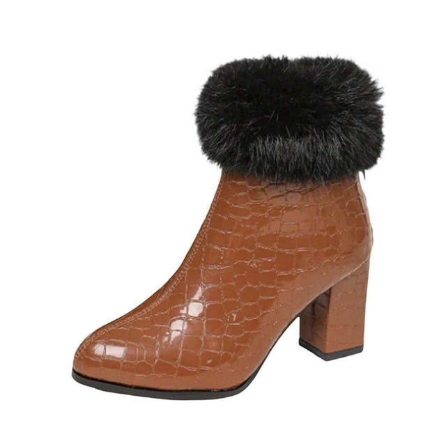 Women's Fashion Casual Winter Fleece Comfortable Plus-Size Booties Solid Color Pointed Toe Back Zipper Mid-Heel Ankle Boots