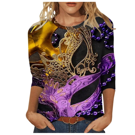 Tbopshirt 3/4 Sleeve Tops for Women,Mardi Gras Clothing,Women Gifts for Hers Casual Shirts Pullover Loose Tunic Tops Print Blouse,Womens Tops