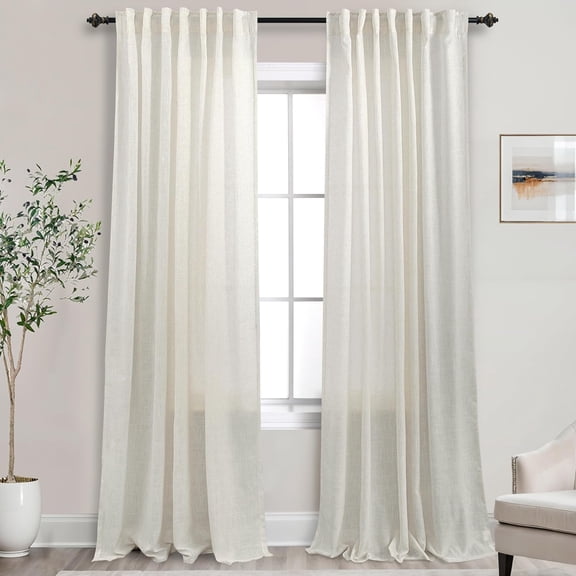 102 inch Long Linen Curtains for Living Room, Floor Length Semi Sheer Drapes, Light Filtering Window Treatments for Bedroom